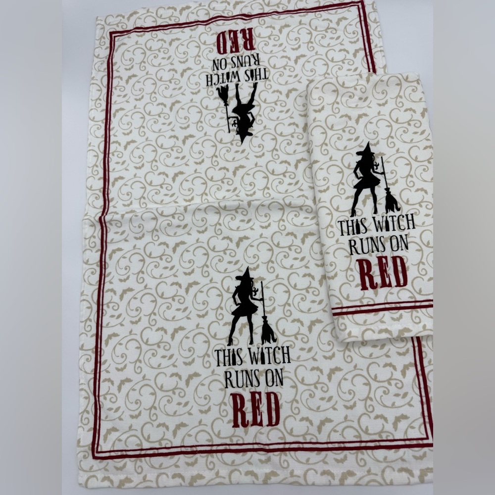 Witch Themed Kitchen Towels- This Witch Runs On Red